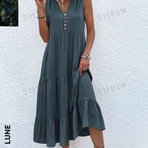 SHEIN LUNE Button Detail Layered Hem Smock Dress